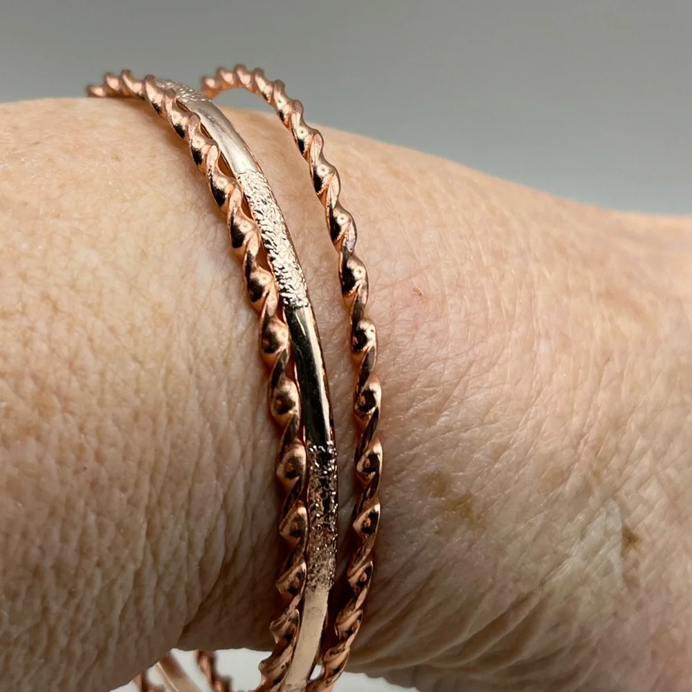 3 Piece Rose Gold Toned Twisted Hoop Bangle Set - Festive and Gift Ready
